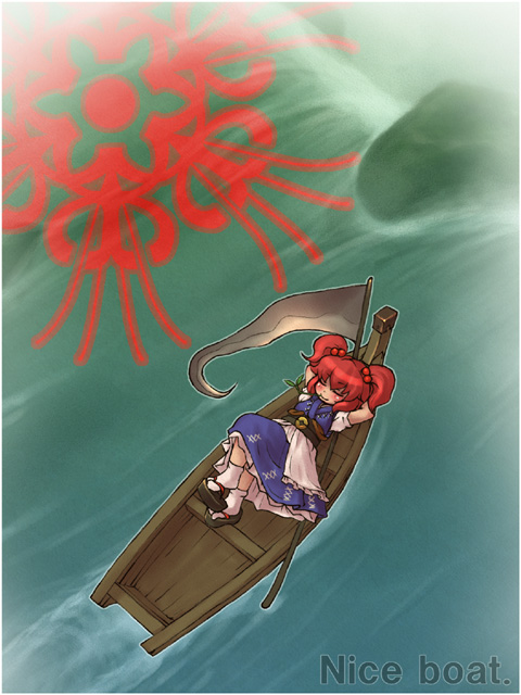 boat nice_boat onozuka_komachi red_hair sankuma scythe sleeping solo touhou water watercraft waterfall