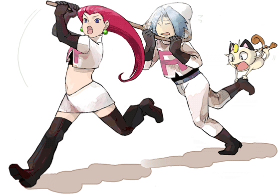 1girl artist_request blue_eyes blue_hair butterfly_net cat clothes_writing gen_1_pokemon hair_slicked_back hand_net kojirou_(pokemon) long_hair meowth musashi_(pokemon) net pokemon pokemon_(anime) pokemon_(creature) red_hair running shadow simple_background team_rocket thighhighs white_background