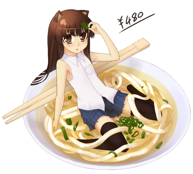 animal_ears bad_id bad_pixiv_id brown_eyes brown_hair chopsticks cup food in_container in_cup in_food lesskiss long_hair minigirl noodles on_plate original plate skirt solo thighhighs udon