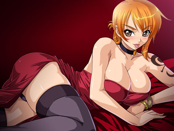 1girl bare_shoulders blush breasts brown_eyes cleavage female kagami_hirotaka large_breasts looking_at_viewer lying nami nami_(one_piece) on_side one_piece orange_hair smile solo tongue tongue_out utility_pole_spirit