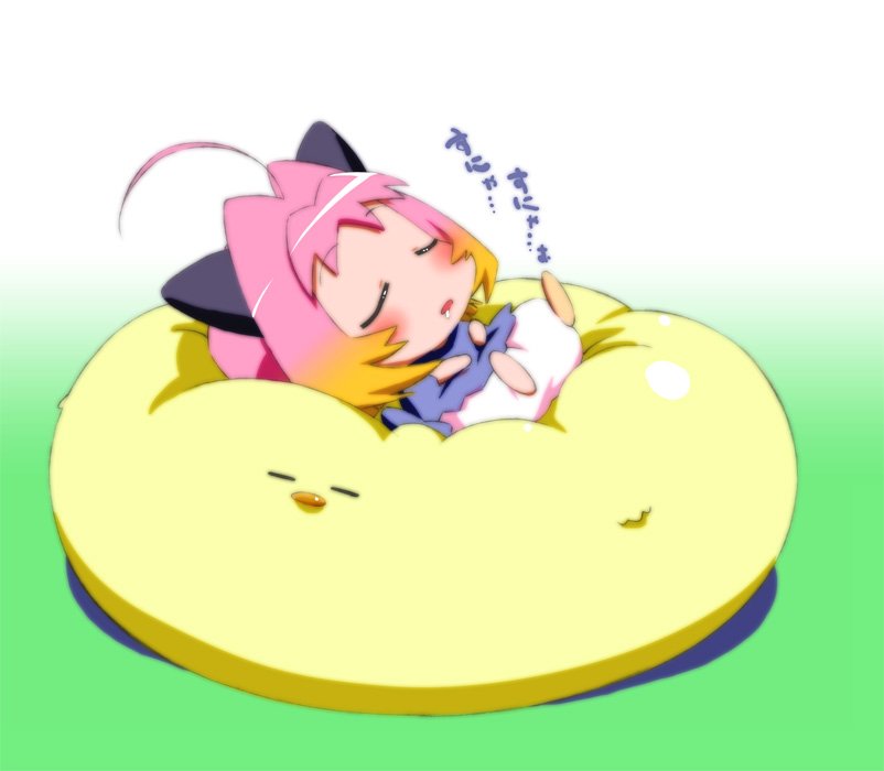 :o ahoge blonde_hair blush chibi crescent full_body gradient_hair legs_up lying makinon_tm multicolored_hair on_back open_mouth pink_hair potemayo potemayo_(character) short_hair sleeping solo