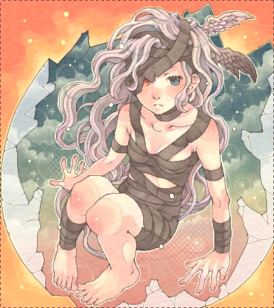 androgynous bad_id bad_pixiv_id bandages barefoot copyright_request egg feet head_wings heterochromia long_hair lowres shabon sitting solo