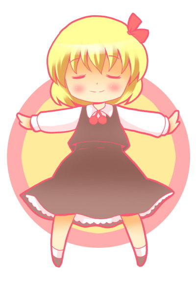 blonde_hair chibi closed_eyes hair_ribbon michii_yuuki outstretched_arms ribbon rumia simple_background solo spread_arms touhou