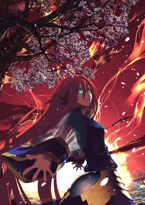 animal_ears cherry_blossoms green_eyes long_hair midori_no_ruupe original red_hair sky solo sunset