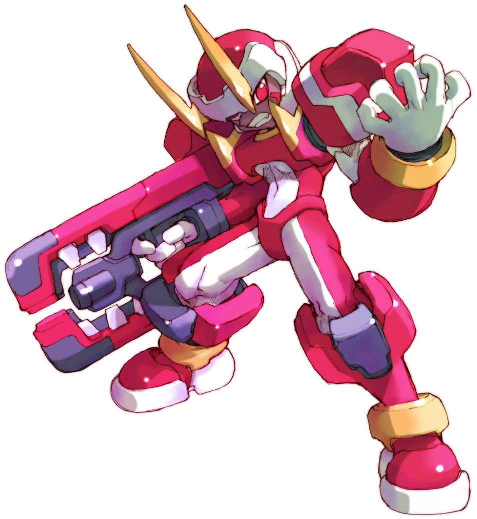 android clenched_teeth fafnir fighting_stance full_body gun holding holding_weapon horns legs_apart looking_at_viewer male_focus nakayama_tooru official_art red_eyes rockman rockman_zero simple_background solo standing teeth weapon white_background