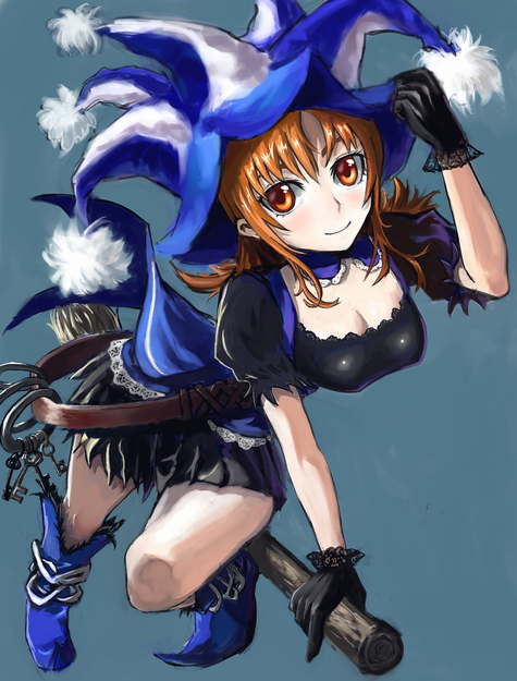 bad_id bad_pixiv_id beni-syoga blue_footwear boots broom broom_riding brown_hair copyright_request gloves hat long_hair orange_eyes sidesaddle simple_background smile solo witch