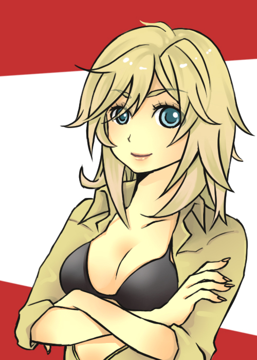 blonde_hair blue_eyes bra crossed_arms eva_(mgs) lingerie mayuzumi metal_gear_(series) metal_gear_solid metal_gear_solid_3 open_clothes open_shirt shirt sleeves_rolled_up smile solo underwear