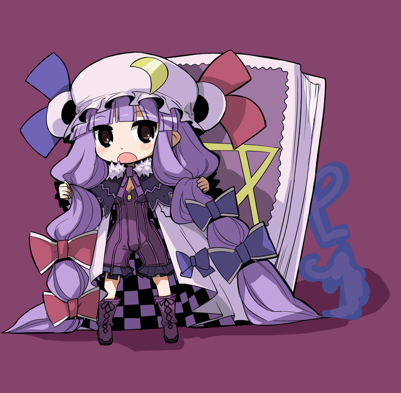 adapted_costume book boots bow breasts cape checkered cleavage crescent full_body hair_bow hat long_hair open_mouth patchouli_knowledge purple_background purple_eyes purple_hair ribbon simple_background small_breasts solo touhou very_long_hair yamane_masato