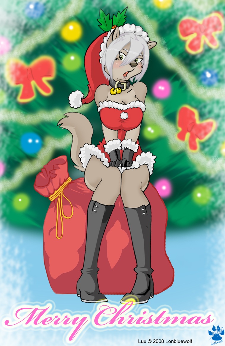 anthro big_breasts boots breasts brown_nose canine choker christmas cleavage clothed clothing dress female green_eyes hair hat holidays lonbluewolf looking_at_viewer luu_(lonbluewolf) mammal pinup pose santa_hat short_hair sitting skimpy solo wolf xmas