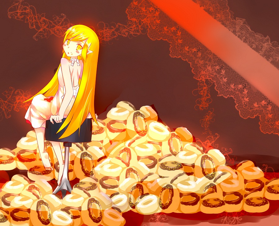 bare_shoulders barefoot blonde_hair blush_stickers doughnut dress feet food long_hair monogatari_(series) oshino_shinobu sekira_ame soles solo yellow_eyes