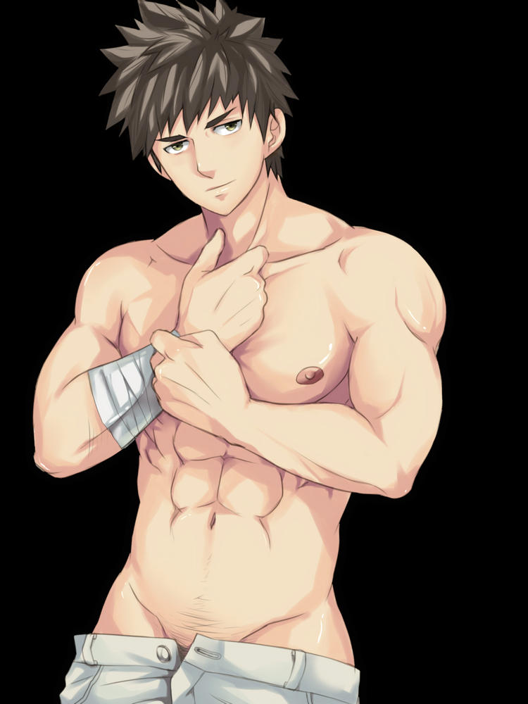 bandage bara black_background boy brown_hair looking_at_viewer male male_focus muscle nipples nude open_fly solo topless unzipped