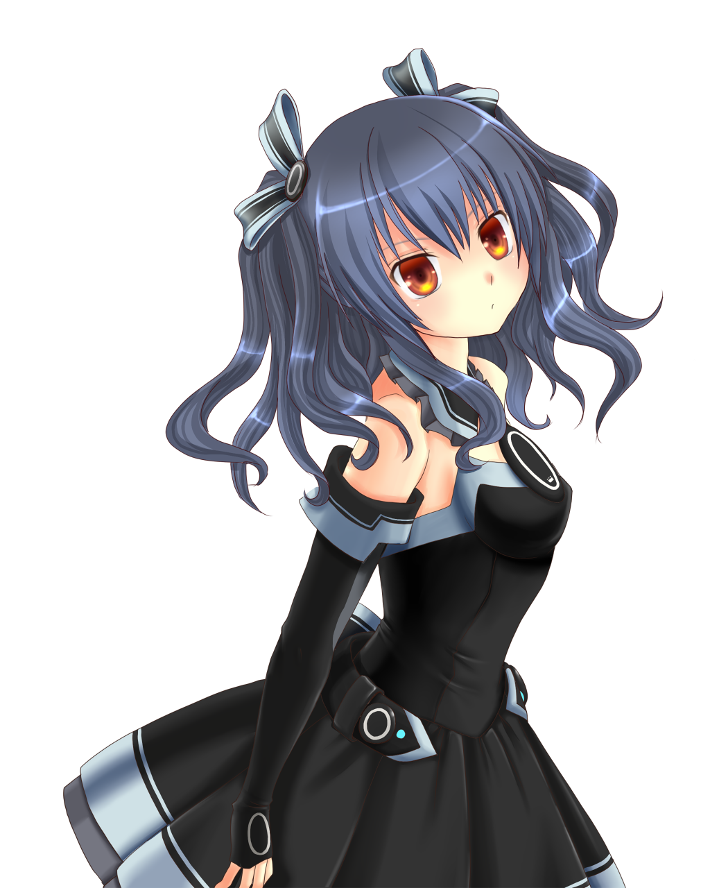 bare_shoulders black_hair bow choujigen_game_neptune_mk2 elbow_gloves expressionless gloves hair_bow hair_ornament highres long_hair looking_at_viewer monchi_(kashiwa2519) neptune_(series) red_eyes solo transparent_background uni_(choujigen_game_neptune)