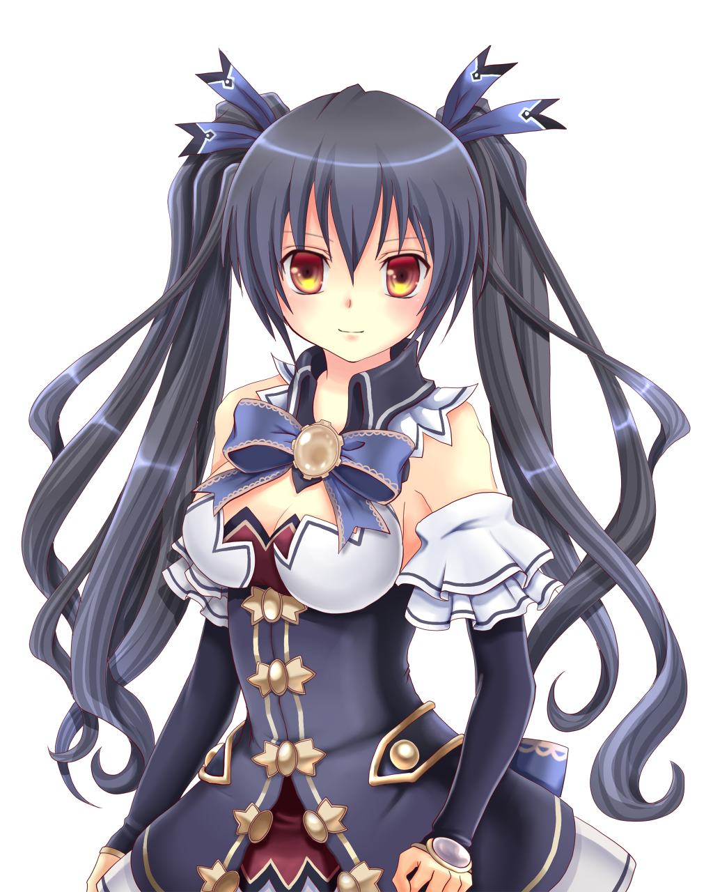 black_hair bow breasts bridal_gauntlets cleavage collar hair_bow hair_ornament highres long_hair looking_at_viewer medium_breasts monchi_(kashiwa2519) neptune_(series) noire red_eyes ribbon smile solo transparent_background twintails very_long_hair