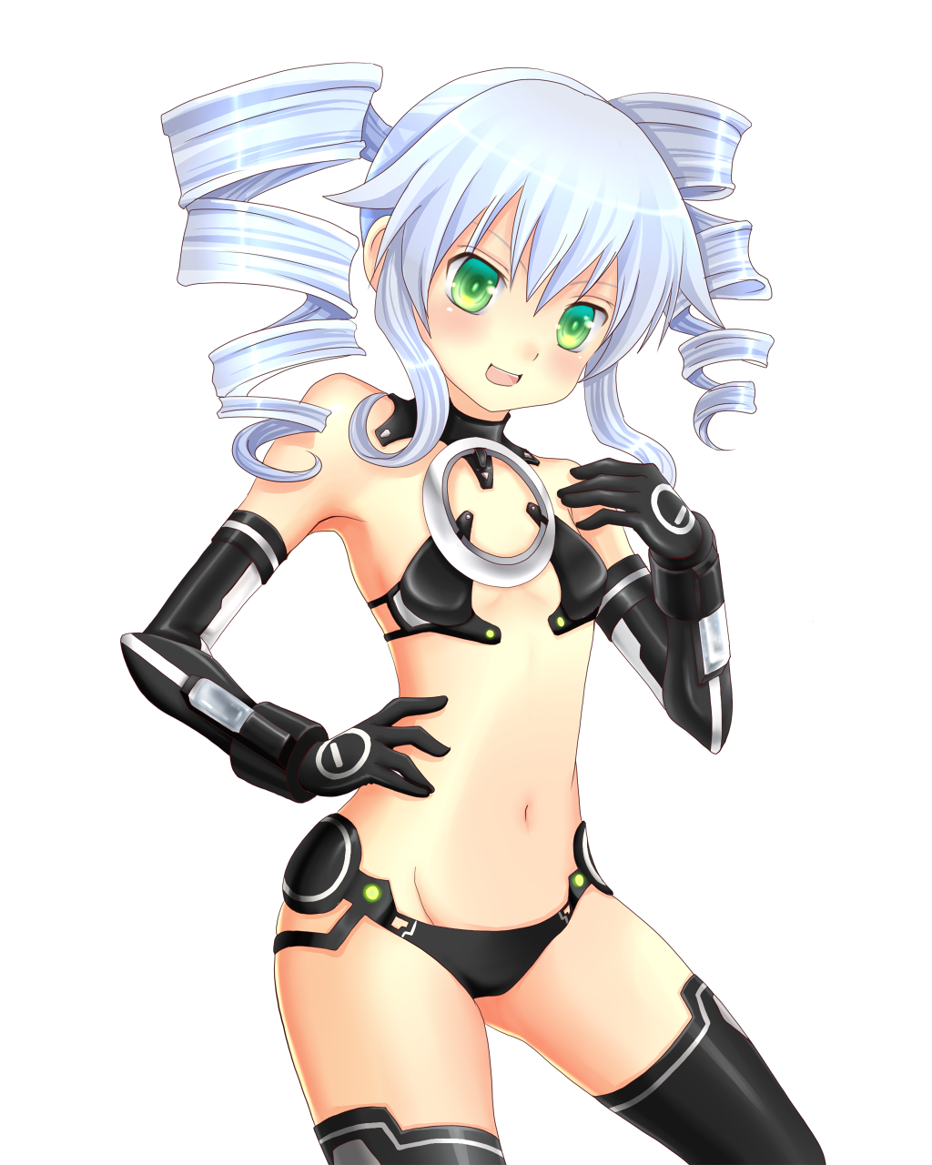 :d aqua_eyes black_sister drill_hair elbow_gloves flat_chest gloves green_eyes groin hand_on_hip hand_on_own_chest highres long_hair looking_at_viewer monchi_(kashiwa2519) navel neptune_(series) open_mouth revealing_clothes smile solo thighhighs transparent_background twin_drills white_hair