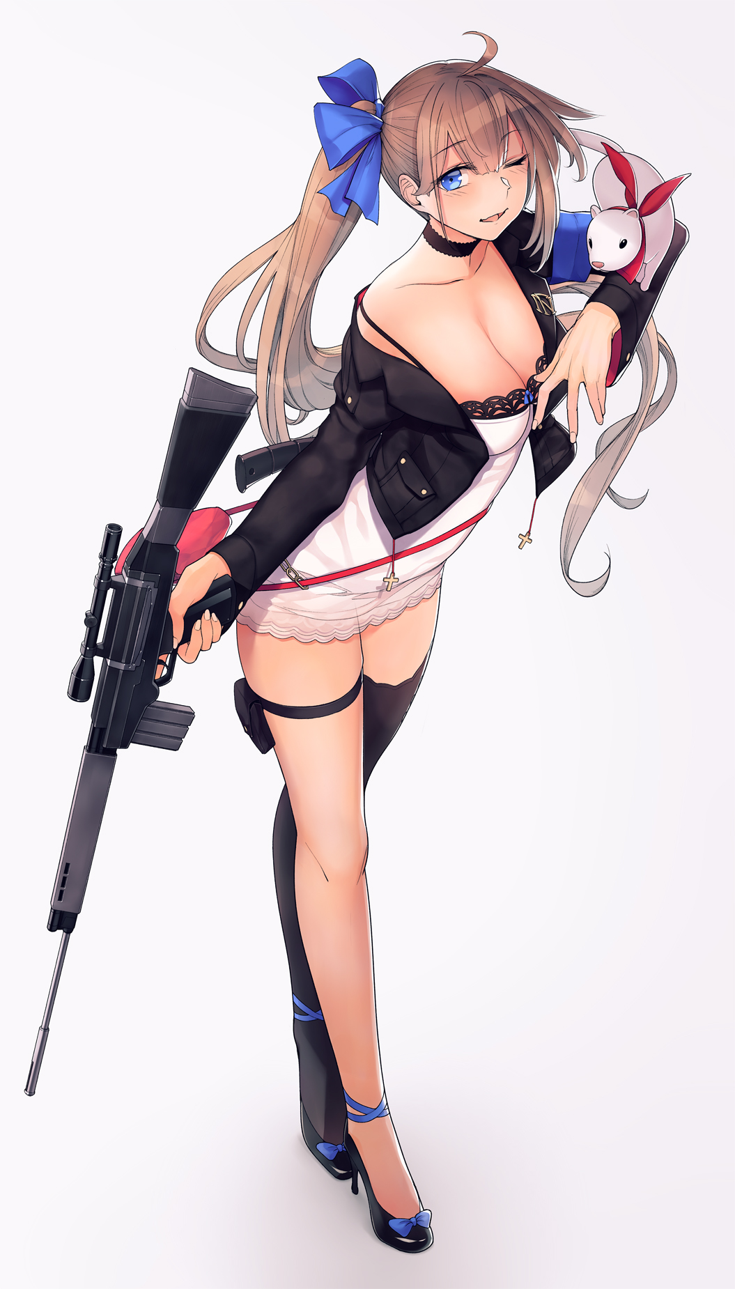 1girl ;d ahoge animal_on_arm bangs battle_rifle black_footwear black_legwear blonde_hair blue_eyes blush bow breasts brown_hair choker cleavage cross dress dsf eyebrows_visible_through_hair fal_(girls_frontline) ferret fn_fal girls_frontline grey_background gun high_heels highres holding holding_gun holding_weapon jacket large_breasts long_hair looking_at_viewer one_eye_closed open_mouth ribbon rifle side_ponytail simple_background single_thighhigh smile solo thighhighs trigger_discipline very_long_hair weapon