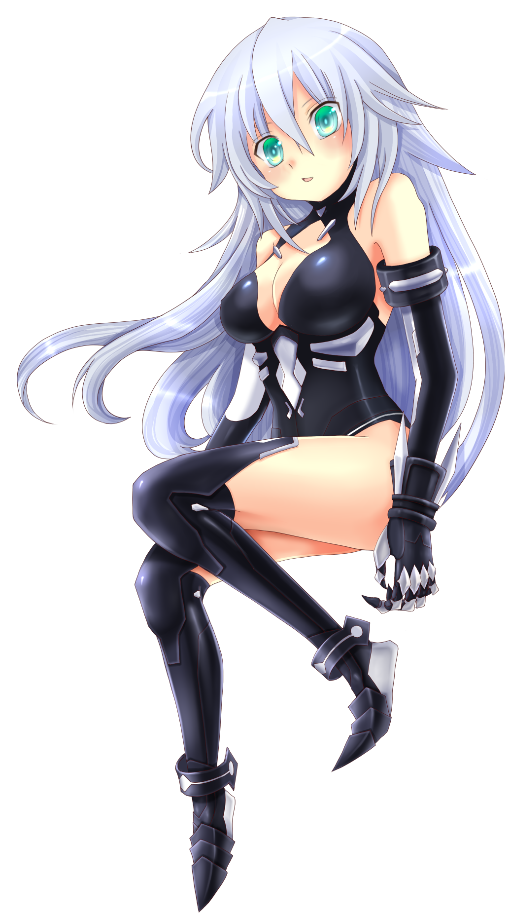 aqua_eyes bangs bare_shoulders black_heart blush breasts claws cleavage cleavage_cutout flipped_hair from_side full_body gauntlets greaves hair_between_eyes halterneck highres large_breasts leotard long_hair looking_at_viewer magical_girl monchi_(kashiwa2519) neptune_(series) open_mouth solo transparent_background turtleneck very_long_hair white_hair