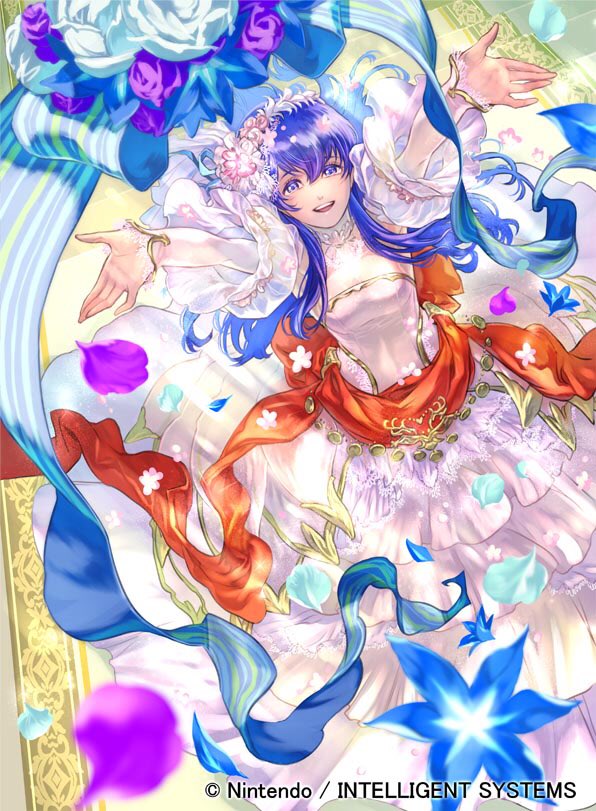 1girl arms_up blue_eyes blue_hair bouquet bride company_name copyright_name dress fire_emblem fire_emblem:_monshou_no_nazo fire_emblem_cipher flower long_hair nintendo official_art parted_lips petals ribbon sheeda sleeveless sleeveless_dress solo suzuki_rika wedding_dress white_dress