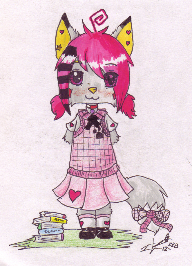 &hearts; &lt;3 anthro blush book canine collar crossdressing dog hair id_tag kaiaki_moonwolf(i-ki) male mammal pawprint paws pink pink_hair ribbons school_uniform solo tsukinoookami wolf