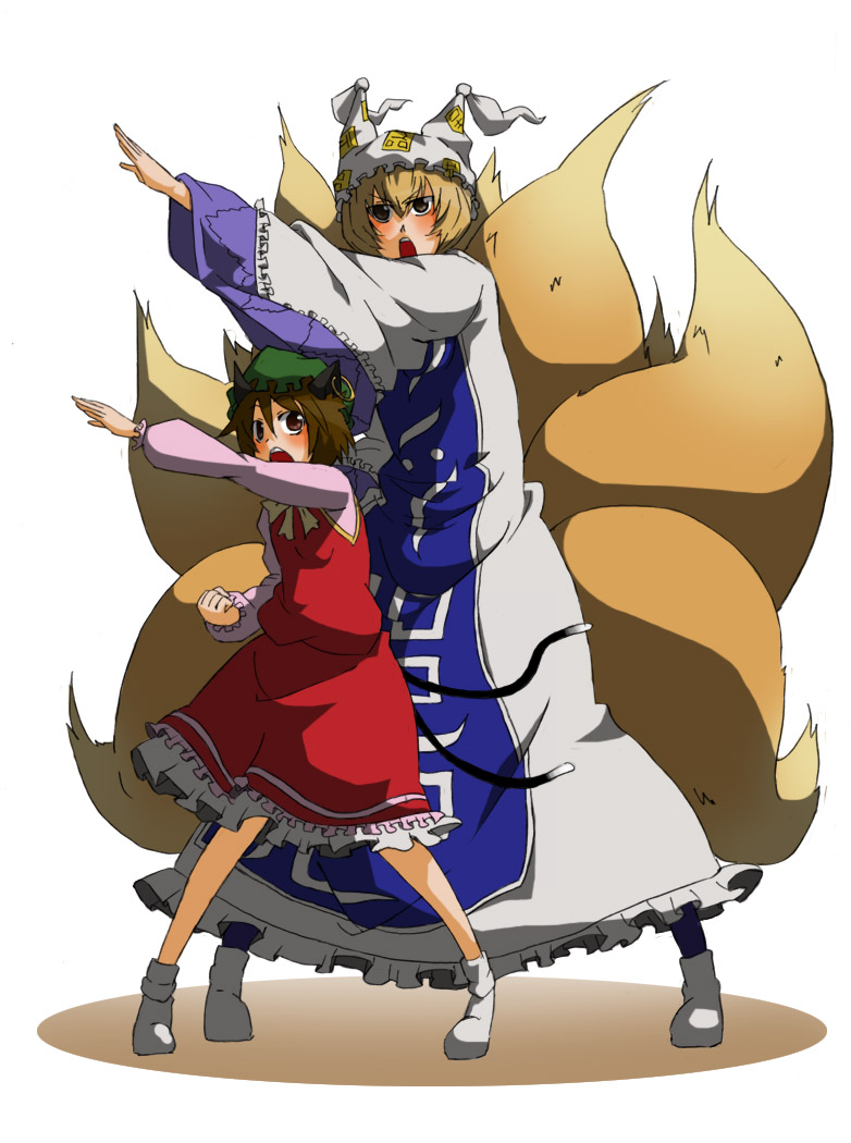 animal_ears blonde_hair brown_eyes brown_hair cat_ears cat_tail chen china_dress chinese_clothes dress earrings fox_tail hat henshin_pose jewelry kamen_rider long_sleeves multiple_girls multiple_tails pillow_hat pose short_hair socks tail tassel tori_(hiyoko_bazooka) touhou white_background wide_sleeves yakumo_ran