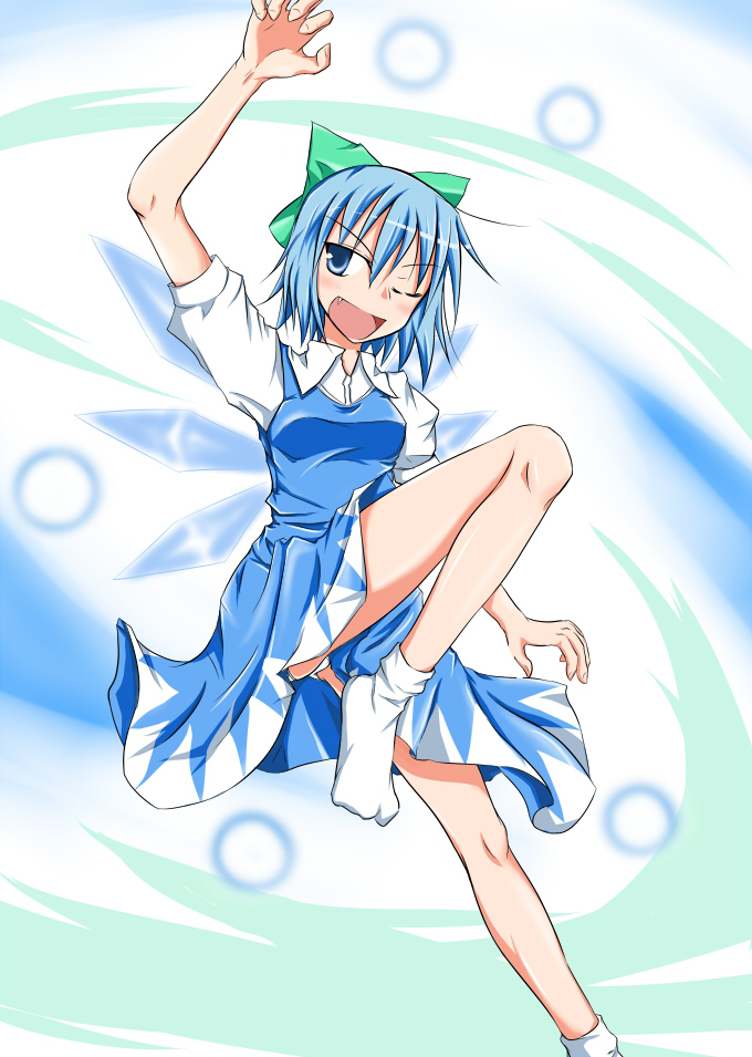;d arms_up bare_legs blue_dress blue_eyes blue_hair blush bow cirno crystal dress green_bow ice ice_wings kirino_souya looking_at_viewer one_eye_closed open_mouth pose puffy_short_sleeves puffy_sleeves short_sleeves smile socks solo tareme thighs touhou white_legwear wings