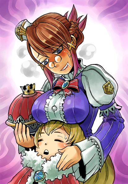 1girl blue_eyes blush breast_rest breasts breasts_on_head brown_hair chime crazy_eyes crown drooling final_fantasy final_fantasy_crystal_chronicles glasses hat large_breasts leo_(ffcc) mimonel saliva sleeping you_gonna_get_raped