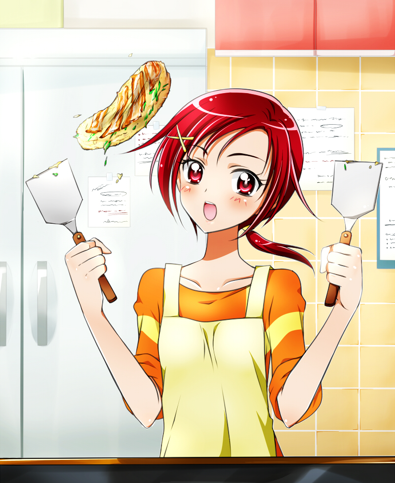 apron blush cooking eyelashes flipping_food food griddle hair_ornament hino_akane_(smile_precure!) kagami_chihiro okonomiyaki open_mouth orange_shirt paper ponytail precure red_eyes red_hair shirt sleeves_rolled_up smile_precure! solo spatula