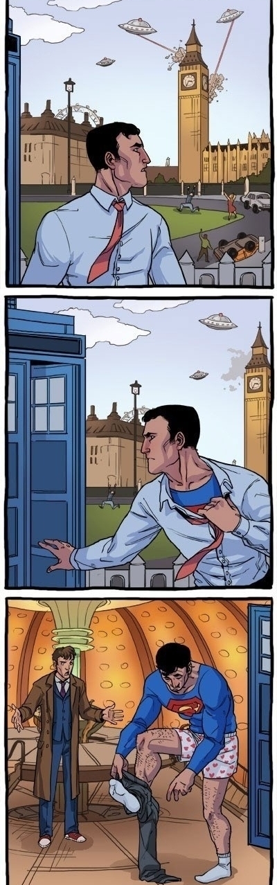 big_ben boxers car changing crossover doctor_who flying_saucer human humor laser mammal not_furry panic_(emotion) parody socks superman tardis the_doctor time_lord ufo underwear