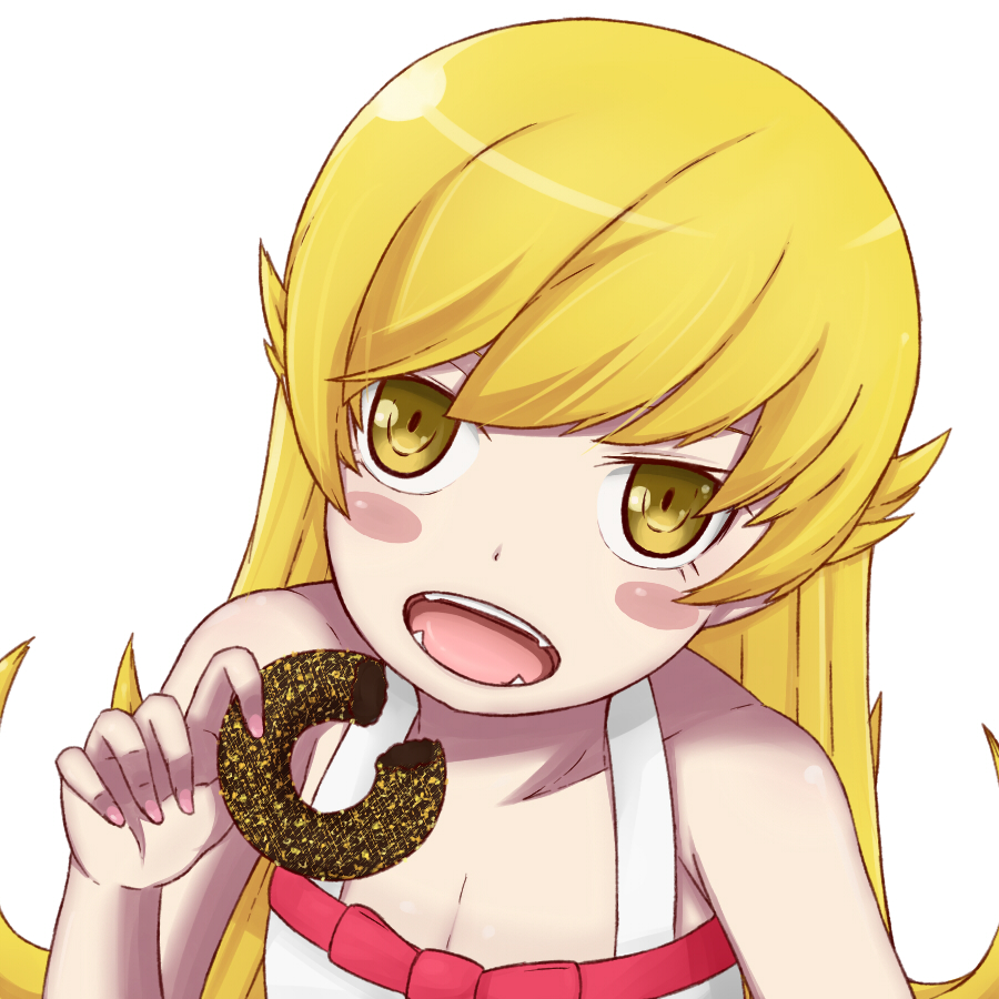 bad_id bad_pixiv_id blonde_hair blush_stickers doughnut fangs food monogatari_(series) neotame_(lic-lac-sora) nisemonogatari oshino_shinobu solo yellow_eyes