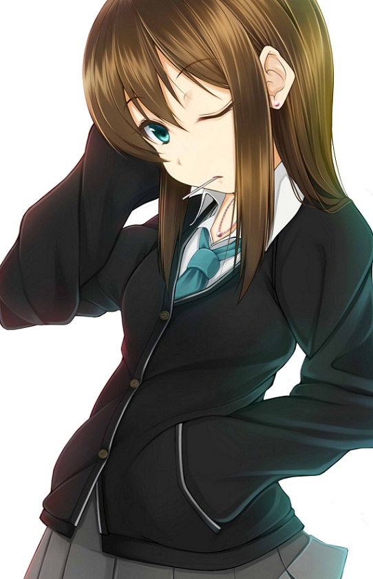 aqua_eyes brown_hair candy cardigan commentary earrings fine_fabric_emphasis food hand_behind_head hand_in_hair hand_in_pocket idolmaster idolmaster_cinderella_girls jewelry lollipop long_hair looking_at_viewer mouth_hold necktie oldlim one_eye_closed pleated_skirt school_uniform shibuya_rin simple_background skirt solo white_background