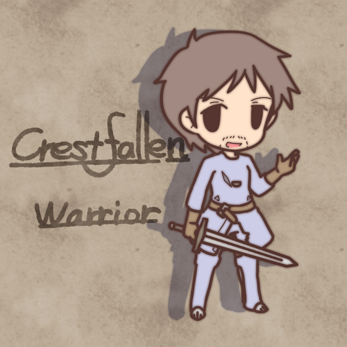 1boy :d bad_id bad_pixiv_id brown_background brown_hair character_name chibi crestfallen_warrior dark_souls facial_hair fushigi_ebi gloves holding male_focus open_mouth shadow smile solid_oval_eyes solo souls_(from_software) sword weapon