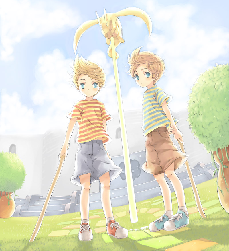 2boys blue_eyes brothers child claus lucas mother_(game) mother_3 multiple_boys nintendo shirt shoes short_hair shorts siblings sneakers striped striped_shirt tonamiko