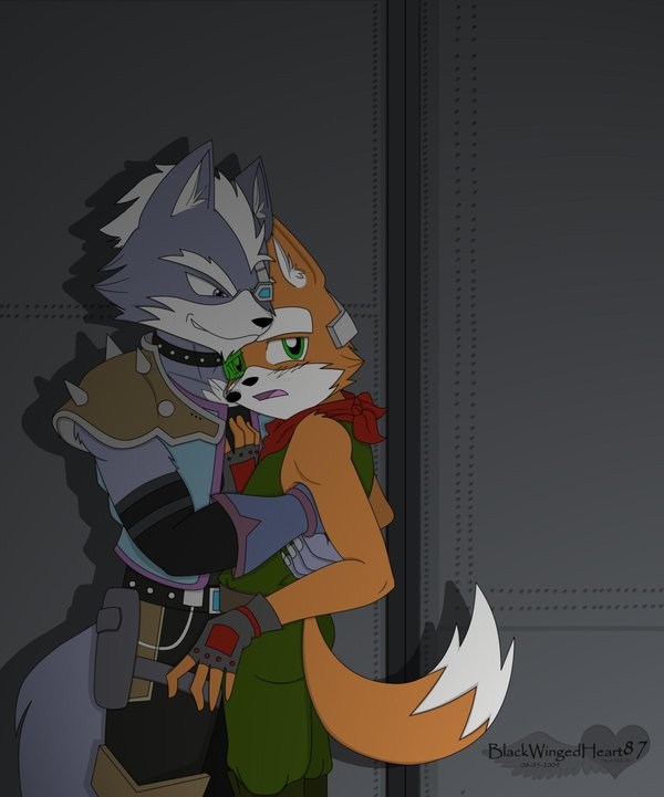 blackwingedheart blush canine couple duo fox fox_mccloud green_eyes hug male mammal mccloud nintendo o'donnell standing star_fox video_games wall wolf wolf_o'donnell