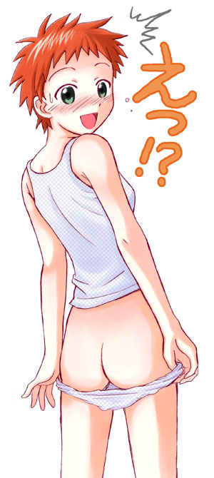 !? ass back blush green_eyes kasuga_misora mahou_sensei_negima! nude panties panty_pull photoshop red_hair shocked surprised underwear