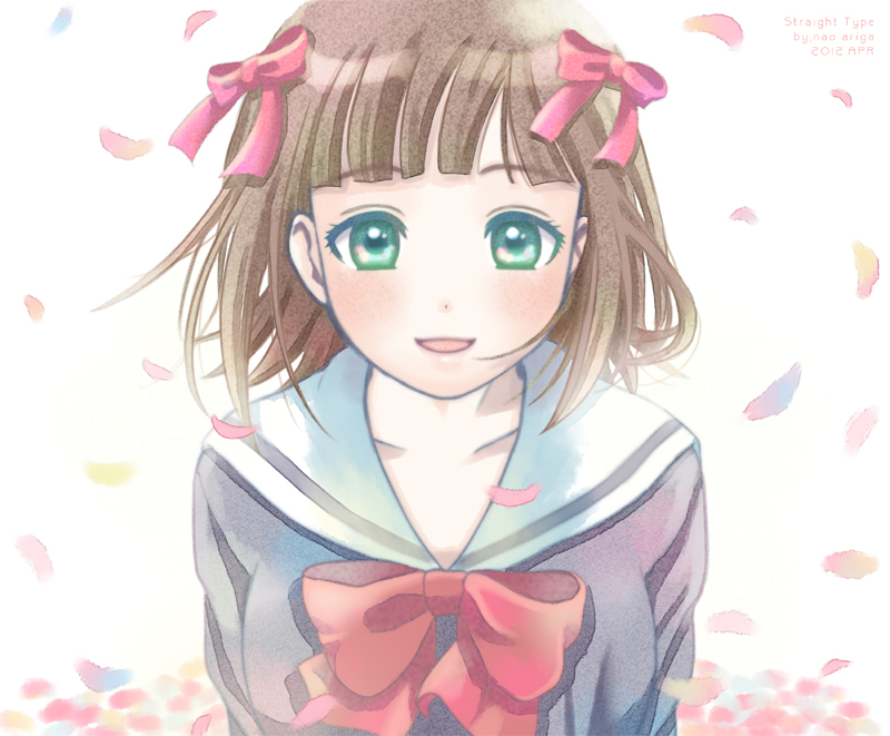 amami_haruka ariga_nao blush brown_hair green_eyes hair_ribbon idolmaster idolmaster_(classic) open_mouth ribbon school_uniform short_hair smile solo