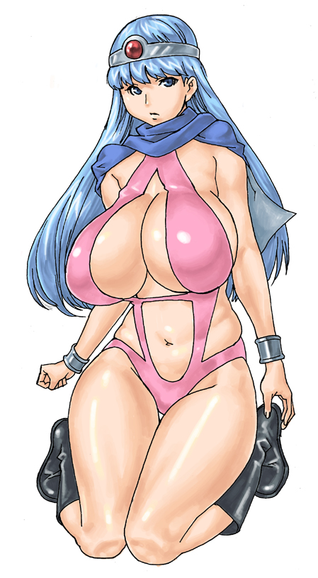66head blue_eyes blue_hair boots bracelet breasts circlet cleavage dragon_quest dragon_quest_iii huge_breasts jewelry kneeling legs leotard long_hair pink_leotard pink_leotard_(dq) sage_(dq3) solo thick_thighs thigh_gap thighs