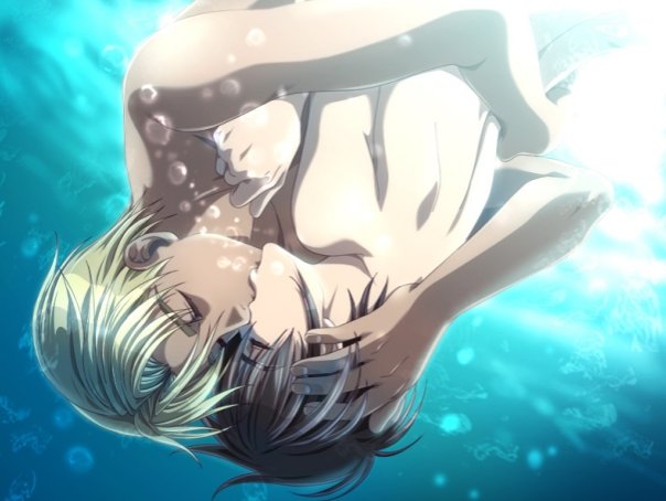 2boys age_difference blonde_hair brown_hair bubble bubbles dutch_angle eyes_closed game_cg hand_in_hair hug kiss lawrence_lancaster might multiple_boys nude silver_chaos takatsuki_noboru tan_skin teen underwater upside-down vividcolor yaoi