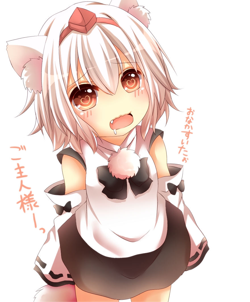animal_ears detached_sleeves drooling fang hat heart heart-shaped_pupils inubashiri_momiji open_mouth pom_pom_(clothes) red_eyes short_hair skirt solo symbol-shaped_pupils tail tokin_hat touhou translated white_hair wolf_ears wolf_tail yamasuta