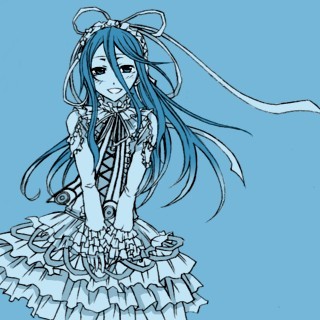 .hack//g.u. .hack//roots 1girl aina_(.hack//) artist_request blue_hair dress frills gathers gothic_lolita hair_ribbon lolita_fashion long_hair lowres monochrome ribbon smile solo wind