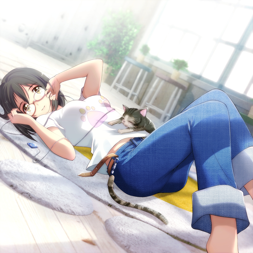 barefoot belt black_hair breasts brown_eyes casual cat denim digital_media_player dutch_angle earphones glasses idolmaster idolmaster_cinderella_girls ipod jeans kamijou_haruna lying medium_breasts on_back pants paw_print riyo_(riyontoko) short_hair smile solo