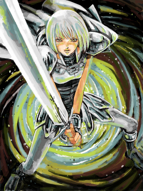 armor clare clare_(claymore) claymore pteruges slit_pupils sword tegaki weapon white_hair