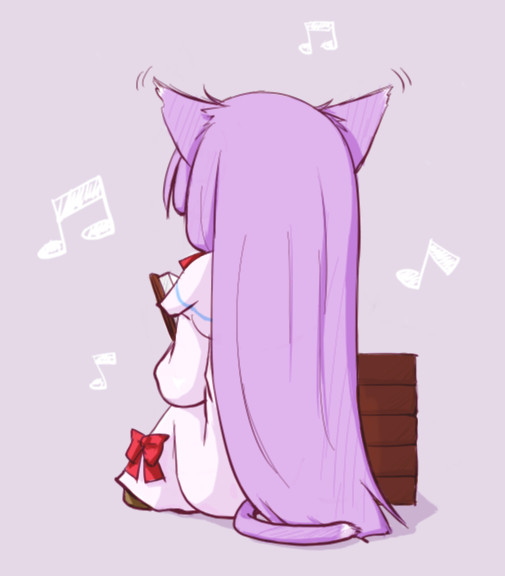animal_ears book cat_ears cat_tail chibi from_behind long_hair musical_note natsuki_(silent_selena) open_book patchouli_knowledge purple_hair sitting solo tail touhou