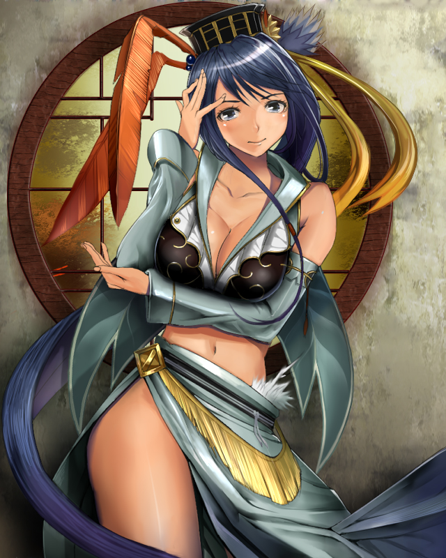 bad_id bad_pixiv_id blue_eyes blue_hair breast_hold breasts bushin_renkei_zero cleavage detached_sleeves feathers hat hat_feather long_hair medium_breasts navel ponytail round_window shijima_(tanfn) solo thighs very_long_hair window xin_xianying