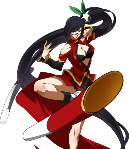 artist_request bare_shoulders black_hair blazblue breasts center_opening china_dress chinese_clothes cleavage dress fighting_stance glasses hair_ornament lao_jiu large_breasts leg_up legs litchi_faye_ling long_hair official_art panda ponytail staff standing standing_on_one_leg thighs transparent_background very_long_hair