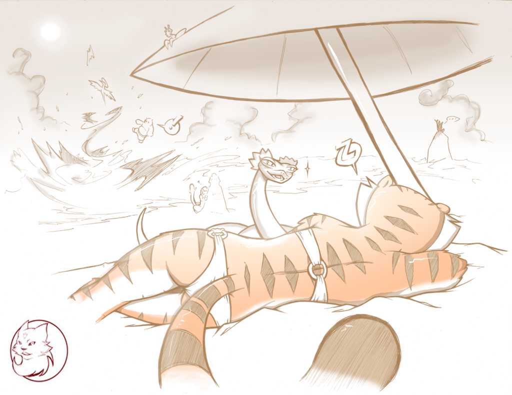 ! avian beach beppodragon bikini butt clouds feline female insect kung_fu_panda lying male master_crane master_mantis master_monkey master_shifu master_tigress master_viper ocean panda po red_panda reptile sand scalie seaside skimpy sleeping snake stripes sun tiger umbrella waves