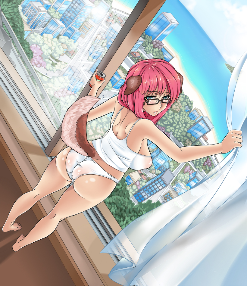 animal_ears aqua_eyes ass bad_id bad_pixiv_id barefoot breasts can covered_nipples curtains day dog_ears dog_tail glasses gunneko joan_(gunneko) large_breasts legs long_hair looking_back nipples no_pants original panties pink_hair puffy_nipples see-through soda_can solo standing tail underwear white_panties window