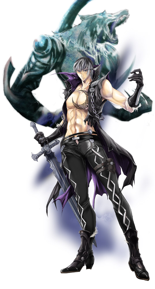 abs blue_eyes boots chest coco_(eccentricrouge) demon gloves male_focus pants shirtless silver_hair soulcalibur soulcalibur_v sword tattoo vest weapon wolf zwei_(soulcalibur)