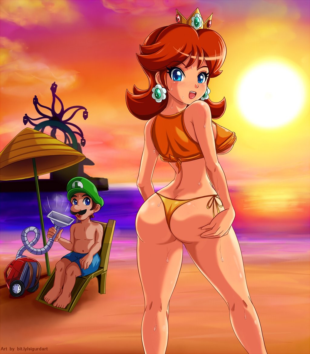 1girl :d ass barefoot beach beach_umbrella bikini blue_eyes blush breasts brown_hair crown earrings facial_hair ferris_wheel flipped_hair from_behind hat jewelry large_breasts looking_back luigi mustache nintendo open_mouth princess princess_daisy red_hair shirtless side-tie_bikini sigurd_hosenfeld sigurdhosenfeld sitting smile sun super_mario_bros. super_mario_land sweat sweatdrop swimsuit thong umbrella underboob vacuum_cleaner water wet