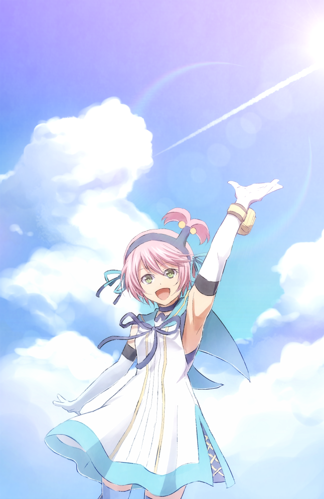 1girl arm_up armpits blue_hairband blue_legwear blue_ribbon blue_sailor_collar blue_sky cloud day dress elbow_gloves gloves green_eyes hair_ribbon hairband kanonno_earhart looking_at_viewer mishiro_(andante) neck_ribbon one_side_up outdoors pink_hair ribbon sailor_collar short_dress short_hair sky sleeveless sleeveless_dress solo standing tales_of_(series) tales_of_the_world_radiant_mythology_2 thighhighs white_dress white_gloves