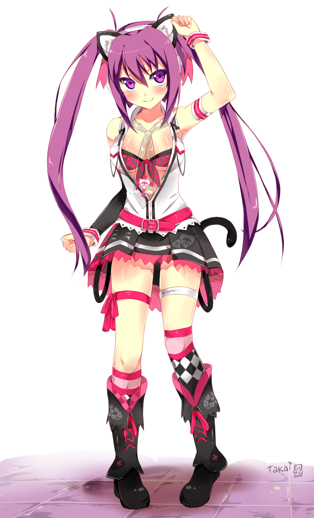 1girl animal_ears arm_up armband asymmetrical_legwear asymmetrical_sleeves beatmania beatmania_iidx belt black_footwear black_skirt black_sleeves blush boots breasts cat_ears cat_tail cleavage collarbone fake_animal_ears floating_hair front-tie_bikini front-tie_top full_body hairband highres knee_boots kneehighs long_hair looking_at_viewer looking_up medium_breasts miniskirt mizushiro_celica necktie open_clothes open_shirt pink_legwear pleated_skirt purple_eyes purple_hair red_bikini_top red_ribbon ribbon see-through shirt simple_background single_sleeve skirt sleeveless sleeveless_shirt smile solo standing tail takai_seika thigh_ribbon thigh_strap twintails very_long_hair white_background white_hairband white_shirt wristband