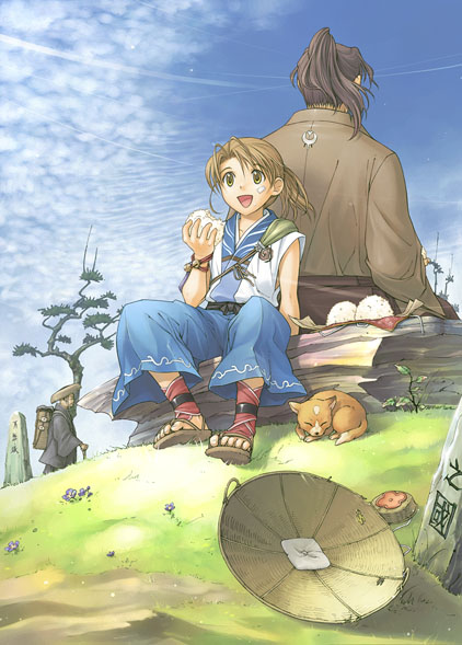 2boys :d antenna_hair back-to-back backpack bag brown_eyes brown_hair cat cloud day eating feet flower food grass grey_hair hat japanese_clothes multiple_boys nature onigiri open_mouth original outdoors ponytail rock sandals sash sitting sky sleeping smile straw_hat toes tree walking_stick watanuki_nao wristband